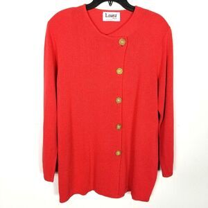 VTG Laura by Alyzia Women Cardigan Sweater Sz 14 Coral Gold Buttons Retro